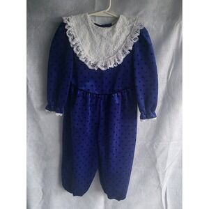 Vintage One Piece Pants Romper 3T Blue Black Polka Dots With Lace Collar‎